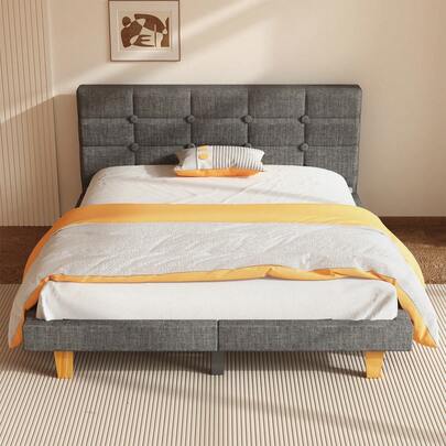 Single/Double Bed Frame, Easy Assembly, Sturdy Wooden Slat Support, Upholstered Platform With Headboard, No Box Spring Needed, Gray - 3FT, 4FT6, 5FT