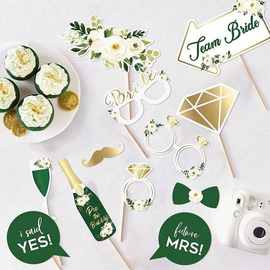 12pcs Green & Gold Wedding Photography Prop Set, Suitable For Lush Weddings, Brides-To-Be, Engagement Ceremonies, Bridal Showers, Bachelorette Parties, Engagement Photos, And Bride Self-Portraits