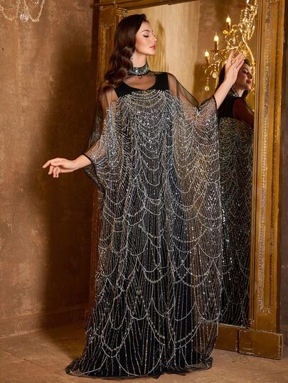  UNITHORSE Women's Elegant Long Sleeve Reversible Beaded Sequin Stitching Contrast Mesh Fabric Maxi Evening Dress