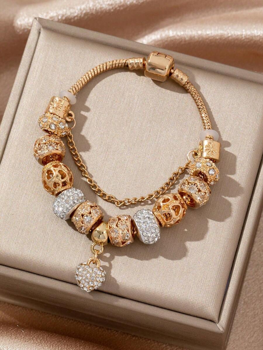 1pc Cute Realistic Oil Painting Heart Strawberry Fruit Bracelet, Suitable For Daily, Date, Vacation And Casual Outfits - Gold Heart Bracelet - View 1