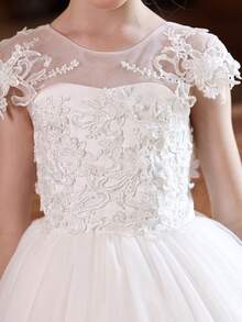 Vestido de niña para boda de tul blanco, vestido de niña de flores largo con bordado de encaje - Blanco - Ver 9