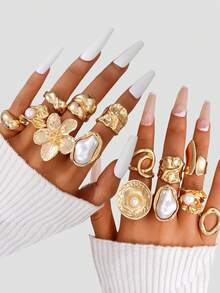 Set 14/7 bucăți, inele groase supradimensionate, cu model floral din perle artificiale, rășină colorată, geometrică, formă asimetrică, lichidă, direcțională, rotundă, asimetrică, texturată, design gol, multistrat, metalice, design elegant și minimalist la modă, potrivite pentru sărbători, petreceri, întâlniri, cadouri, purtare zilnică