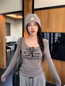 女士休闲修身长袖T恤，舒适别致，秋冬 - 灰色 - 查看 3