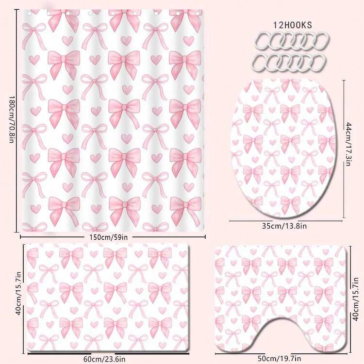 1/4 Pezzi Set da bagno rosa con cuori e fiocchi, include tenda doccia, tappetino da bagno, copriwater a forma di U, copri-sedile, impermeabile, tenda doccia, tenda di moda, divisorio da bagno moderno, senza bisogno di foratura, in poliestere, decorazione da bagno lavabile in lavatrice - Multicolore - Visualizzare 16