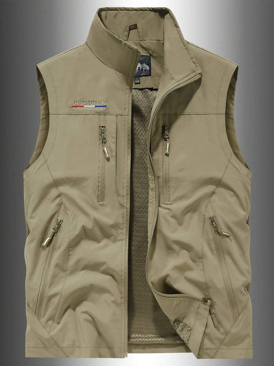 Chaleco utilitario multifuncional para hombre para exteriores, chaqueta casual de primavera/verano para pesca y fotografía con múltiples bolsillos - Caqui - Ver 1