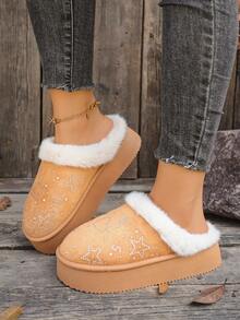 Botas cortas de mujer de unicolor con forro de peluche y falso pelo, botas de nieve para el hogar en invierno