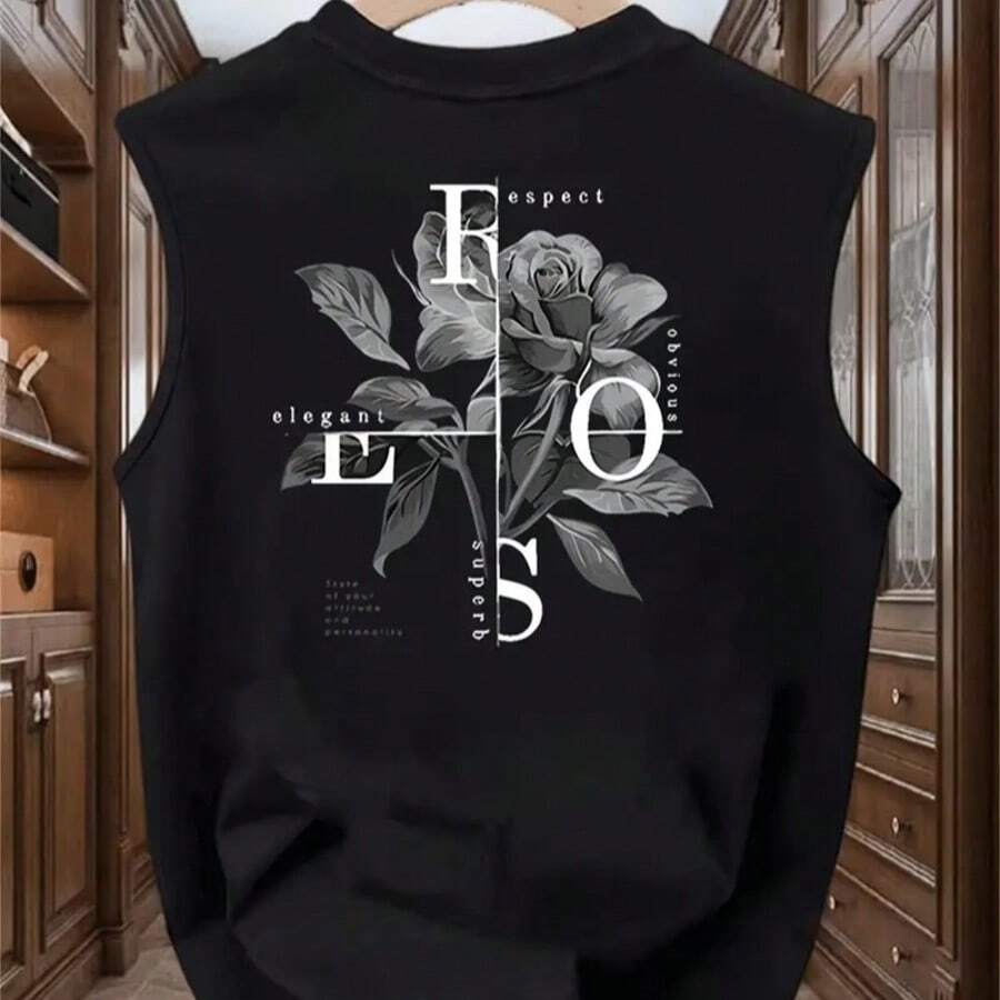 Macho Cotton Tank Top Printed Flowers Discreet Mosaic Letters/Words Gym Shirt Workout Bodybuilder For The Heat Spring/Summer - Black - View 1