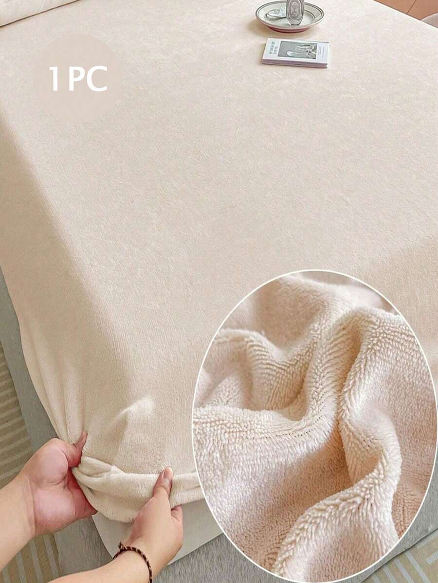 1pc Beige Solid Flannel Fitted Sheet, Machine Washable, Comfortable, Soft, Warm - Beige - View 1