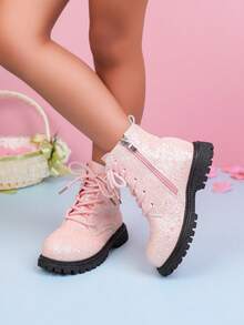 1 Pair Children's Fashion Casual Non-Slip Boots, Solid Color Shiny Lace-Up Design, Side Zipper Girls' Boots Suitable For Travel And Vacation (Random Sole)