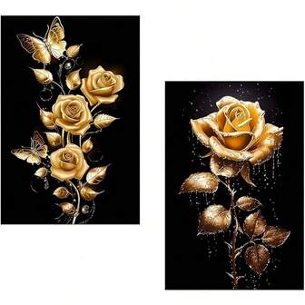 Rose Canvas Wall Art 2pcs Black And Golden Floral Pictures Flowers Painting Wall Decor Framed For Home Bedroom