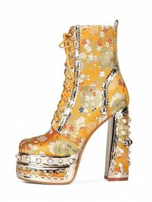 Yellow Embroidered Fabric Thick High-Heeled Short Boots, Daily Party Boots - 黃色 - 查看 6