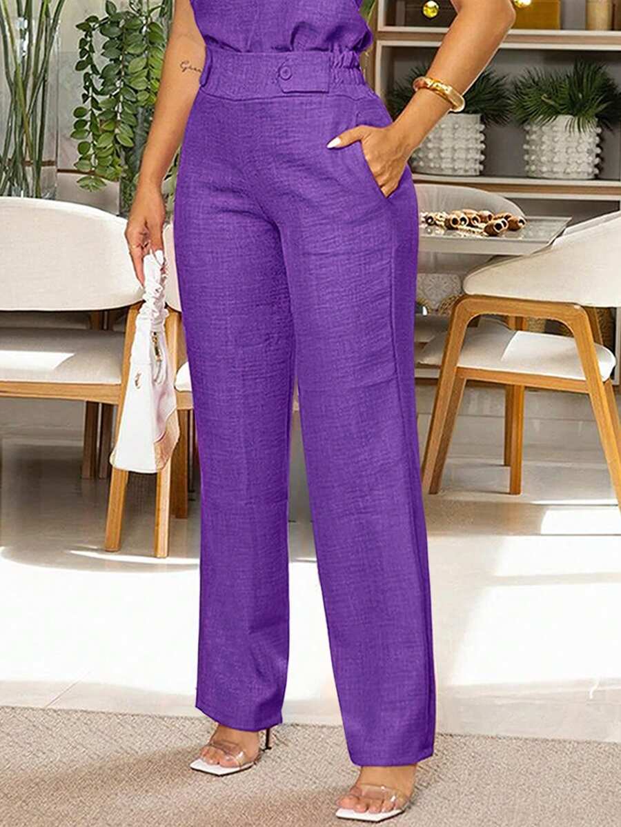 Women's Fashionable Casual Elegant Pants With Slant Pockets And Button Details, Suitable For Commuting - Purple - View 1