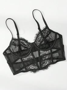 Wingslove Sujetador sin aros de encaje transparente y sexy, sin relleno, de comodidad suave y estilo longline para mujeres