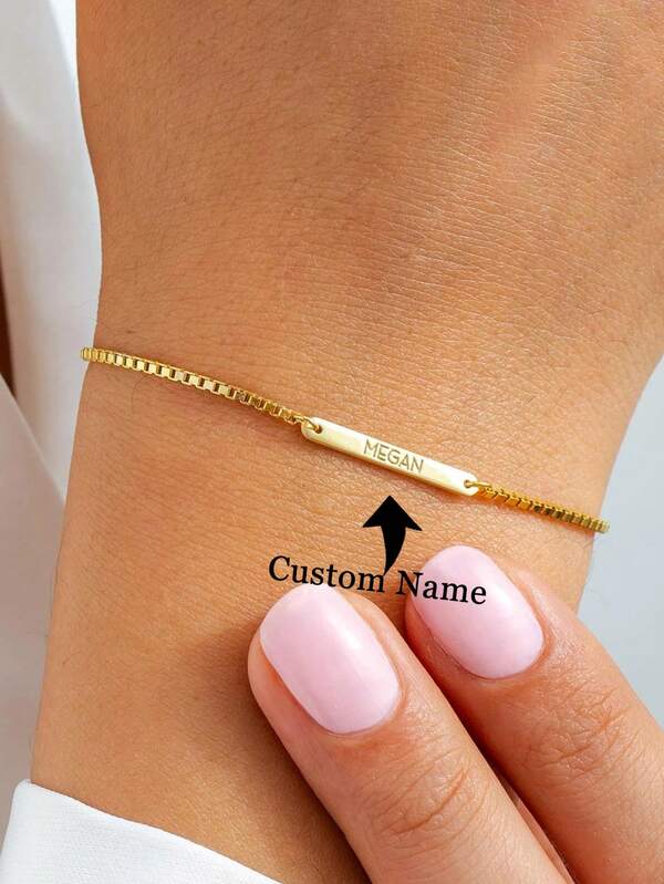 1Pc Mini Engraved Bar Name Bracelet With Box Chain, Stainless Steel Jewelry,Mother's Day Gift, Custom Engraved Name Bracelet, Gift For Her, Personalized Keepsake Christmas Gift