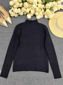Women's Elegant Casual Turtleneck Knitted Sweater, Shiny Undershirt Knit Pullover, Slimming Fashion Commuter Elegant Fleece Top, Autumn/Winter - Black - View 3