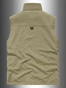 Chaleco utilitario multifuncional para hombre para exteriores, chaqueta casual de primavera/verano para pesca y fotografía con múltiples bolsillos - Caqui - Ver 2
