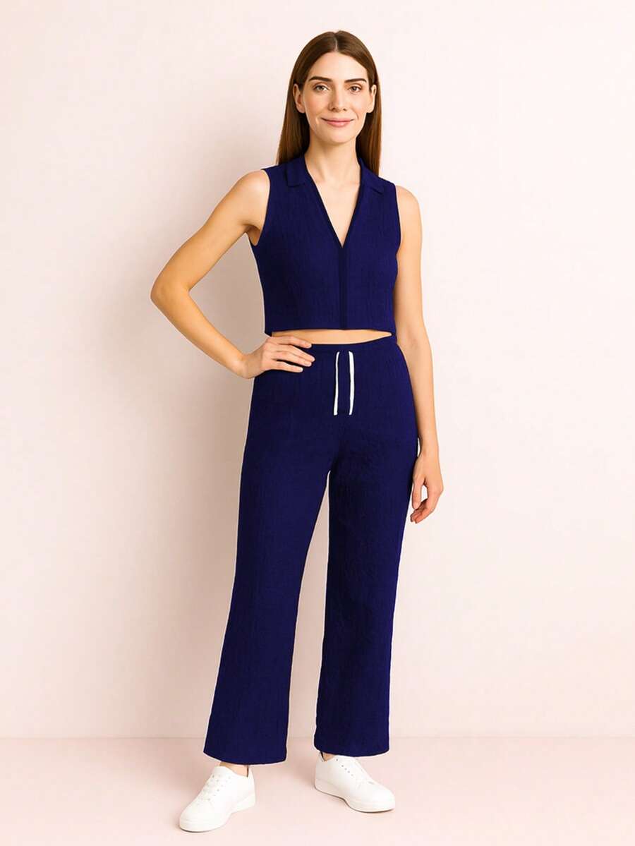 Conjunto de dos piezas de top corto  sin mangas con cuello y pantalón para mujer, tejido elástico medio