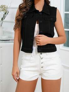 Chaleco mezclilla dama mujer denim negro botones metálicos bolsas pecho cortes espalda casual moderno juvenil diario básico atemporal black - Negro - Ver 3