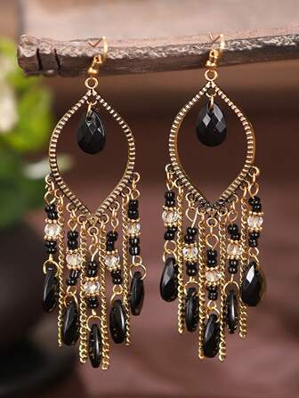 1 par de pendientes largos con flecos chapados en oro antiguo para mujeres, pendientes colgantes vintage con cadenas bohemias