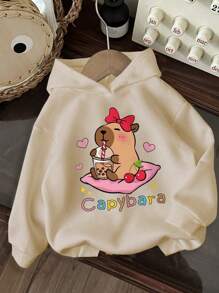 女童水豚图案保暖连帽卫衣 - 杏色 - 查看 7