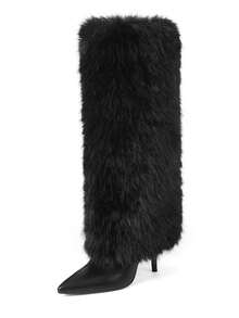 Women's Fluffy Fur Pointed Toe Stiletto Heels Knee High Boots Holiday Vacay Vibe For Elegant Fashionable Boots Spring Summer Party Evening Gala - 黑色 - 查看 3