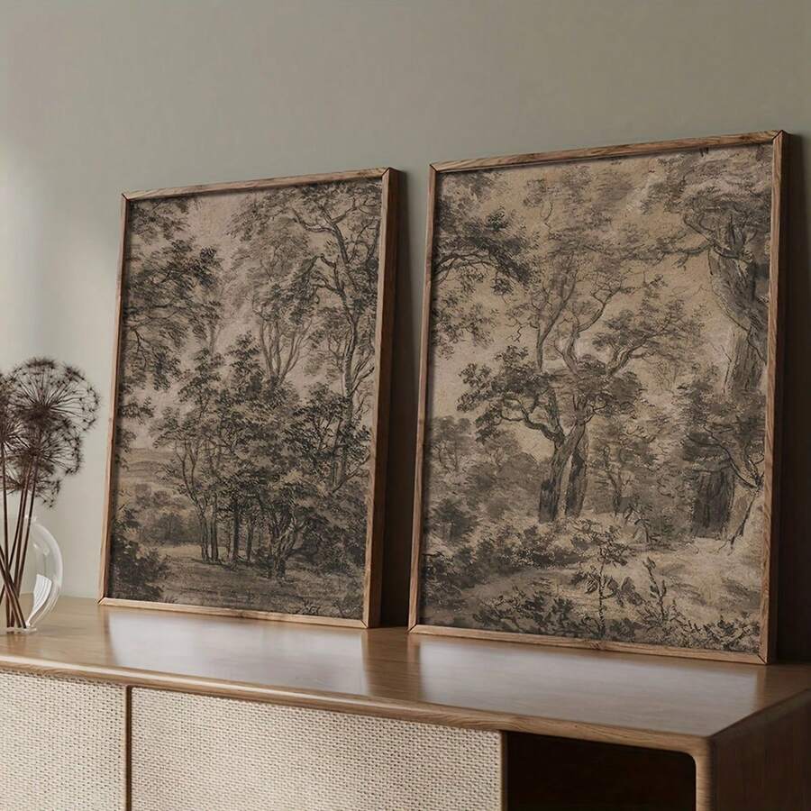 2件/套无框黑白风景速写森林装饰画风格仿古风格餐厅玄关复古卧室装饰画 - 彩色 - 查看 1