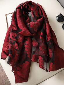 1pc Women Vintage Bohemian Style Elegant Paisley Embroidered Silk Lightweight Cutout Scarf/Shawl, Suitable For Daily Wear For Dress - Red - View 2