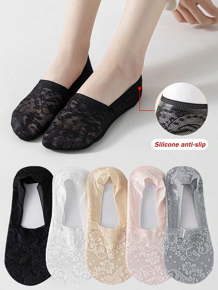 5 đôi tất ren kiểu thuyền, miệng nông, mỏng, lưới, thoáng khí, thanh lịch, khoét rỗng, dành cho nữ, thích hợp cho mùa xuân và mùa hè (Không kèm hộp bìa cứng) - Nhiều màu - Xem 1