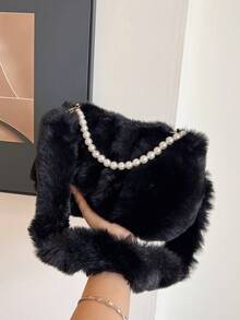 Geantă de mână plisată din pluș, la modă, cu decor de lanț de perle, culoare solidă, geantă de umăr portabilă pentru femei, potrivită pentru toamnă/iarnă, ideală pentru cadouri de sărbători