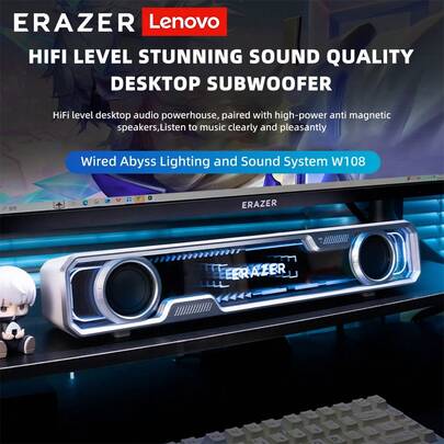 Lenovo Haut-parleur d'ordinateur ERAZER investi par Lenovo, connexion USB/Bluetooth 5.4, éclairage ambiant RVB, appel vocal haute définition avec microphone antibruit intégré, plusieurs modes d'effet sonore spatial, haut-parleur de jeu, caisson de graves pour PC de bureau, ordinateur portable, téléphone portable, barre lumineuse colorée, haut-parleur multimédia de bureau de haute qualité, décoration de bureau, cadeau de fête W108