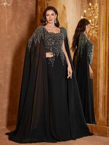 UNITHORSE Women's Square Neck Extra Long Sleeve Embroidered Fitted Linen Knit Evening Dress Wedding Black Spring - Black - View 3