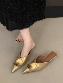 Fall/Winter 2025 Summer New Metal Buckle Pointed Toe Thin Heel Mid-Heel Mule Sandals For Women, Closed Toe Slip-On, Elegant, Party - Gold - View 2