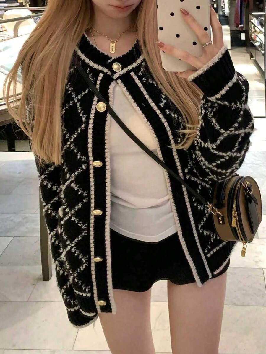 Contrast Color Rhombus Striped Front Button Trim Contrast Color Edge Cardigan For Women Black - Black - View 1