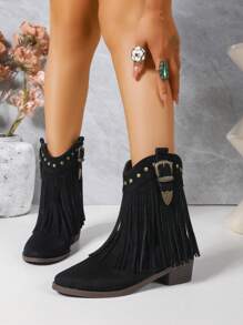 Women's Retro Western Ankle Boots - Solid Color, Pointed Toe, Thick Heel, Rivet & Tassel Decor, Slip-On, Comfortable, Suitable For All Seasons, Casual Style - Black - View 4