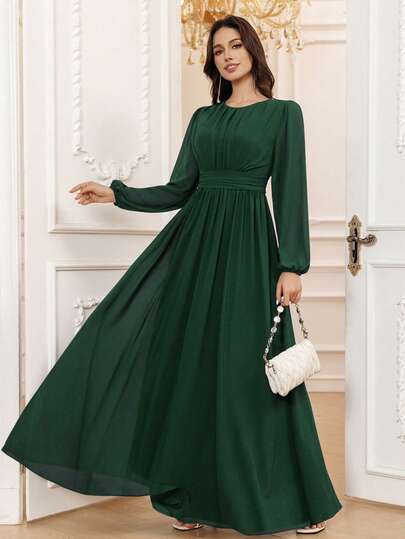Volly Toych Hunter Green Elegant A-Line Round Neck Long Sleeve Floor-Length Chiffon Formal Bridesmaid Dress, Wedding Guest Dress, Unlined Sleeves