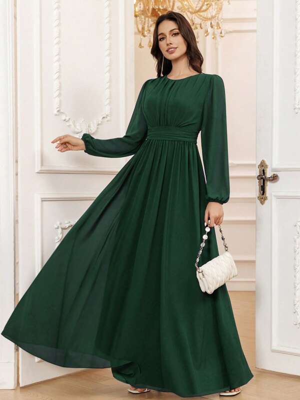 Volly Toych Hunter Green Autumn Outfits Women Elegant A-Line Scoop Long Sleeve Floor-Length Chiffon Formal Bridesmaid Dress,Wedding Guest Dress,Sleeves Without Lining