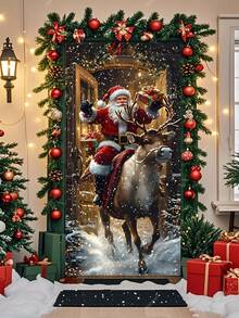 1pc Christmas Santa Claus & Rabbit Snowy Landscape Polyester Door Banner, Holiday Hanging Decor, Suitable For Christmas New Year Home/Shop Door Wall Decoration - Multicolor - View 10