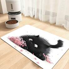 1pc Cute Black Cat Cartoon Pet Feeding Mat - Colorful Printed Design, Playful Pink Flowers, Diatomite Material Cat Bowl, Indoor Use, Cat Food Mat
