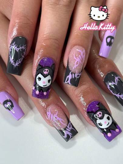 Sanrio Halloween Sanrio Hello Kitty 24pcs Goth Long Square 3d Glitter French Press On Nails With Kuromi ,Ghost And Heart Pattern Decoration,Halloween Style, Perfect Fit Acrylic False Nails Set, Including 1 Jelly Glue And 1 Nail File, Kulomi Nails For Women Girls Daily Party And Gathering Use
