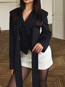 Áo khoác blazer kẻ sọc thanh lịch dành cho nữ, áo khoác ngoài sang trọng tay dài cổ chữ V thắt khăn dành cho nữ màu đen mùa xuân - màu đen - Xem 9
