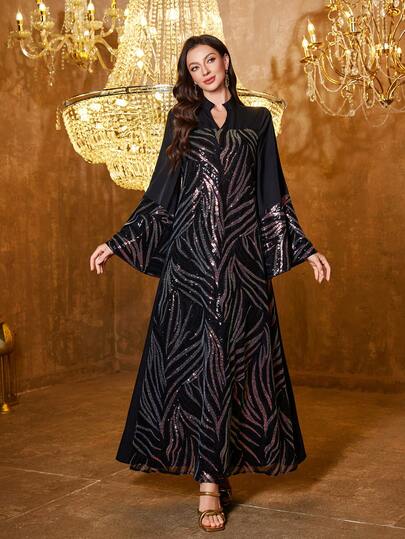 UNITHORSE [Randomly Cut] Women Flared Long Sleeve Sequins Patchwork Formal Evening Gown Dress