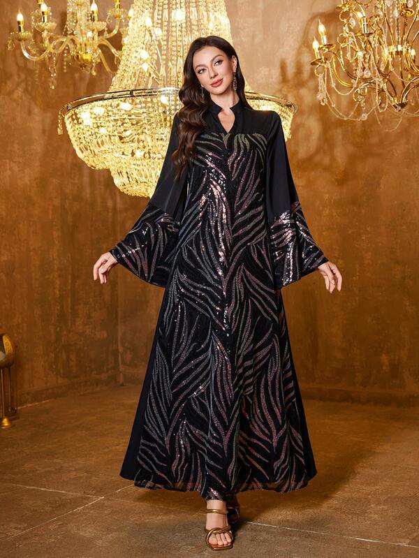 UNITHORSE [Randomly Cut] Women Flared Long Sleeve Sequins Patchwork Formal Evening Gown Dress