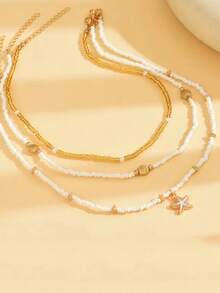 3pcs Women's Fashionable Necklace, Summer Seaside Vacation Shell Pendant Rice Beads Beaded Necklace Simple Girl Style Faux Pearl Inlaid Golden Beads Multiple Stacked Necklace Set, Glass Rice Beads Material, Summer Seaside Vacation Sends Girlfriend, Summer Rice Bead Necklace Halloween Costume