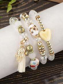 3 件优雅浪漫水晶心形设计复古手链，适合女性日常佩戴，情人节、约会、节日送给女友/妻子的礼物 - 粉色 - 查看 6