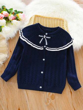 Girls' Cardigan Sweater Jacket With Bow, Ruffle Trim, Ribbed Knit, Round Neck, Raglan Sleeves, Sweet & Elegant Academic Style, Casual, Suitable For 3-12 Years Old, Autumn/Winter, Spring/Fall