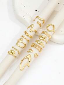 15pcs Vintage French Asymmetrical Hollow Smooth Rings, Multi-Element Lava Line Asymmetrical Stackable Ring Set For Women - Gold - View 3