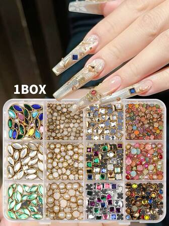 550PCS Nail Art Rhinestones Kit - 12 Designs Press-On Nails Decor With Gold/Silver Metal Base 3D Nail Charms, Mini Pearls & Crystals For DIY Acrylic Nails | Salon-Quality Round & Square Gems And Pearls, DIY Nail Supplies