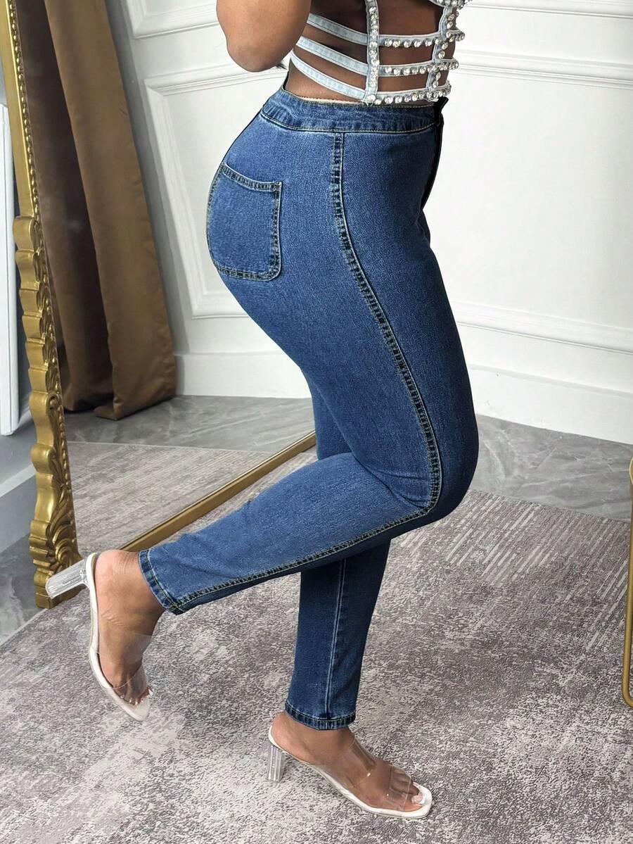 Fall Winter Stretch High Waist Skinny Jeans Women,Casual Slim Fit Denim Pants, Suitable Daily, Home, Office - 深色水洗藍 - 查看 1