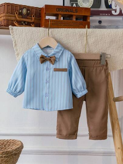 3pcs/Set Baby Boy Gentleman Shirt Set, Long Sleeve Shirt, Pants And Bow Tie, Fashionable Outfit For Spring And Autumn