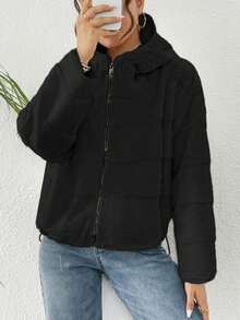 Chamarra amplia casual para mujer de tela afelpada ligera con capucha de moda para temporada invernal - Negro - Ver 2